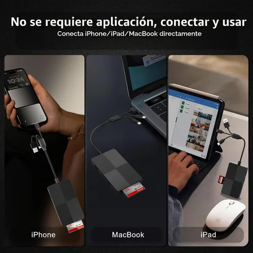 Vista 8 de Lector de tarjetas de memoria 8 en 1 con 3 puertos USB, adaptador Lightning/USB-C/USB-A para iPhone/Android/PC/Mac, compatible con tarjetas