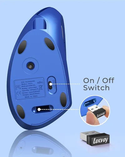 Vista 8 de Lekvey Ratón ergonómico, recargable 2.4G USB vertical inalámbrico, azul