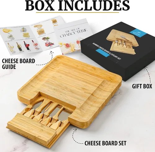 Vista 8 de Zulay Kitchen Juego de tablas de queso de bambú de alta calidad, juego de tablas de embutidos de bambú extra gruesas con juego de 4 cuchillos, tabla