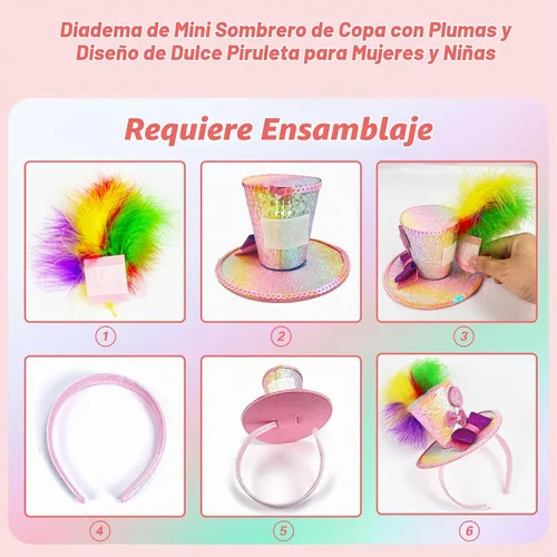 Vista 7 de Sweet Mini Top Hat Lollipop Diadema con plumas Disfraz de sombrero loco Accesorio de disfraz de caramelo para Mardi Gras, Halloween, fiesta de té