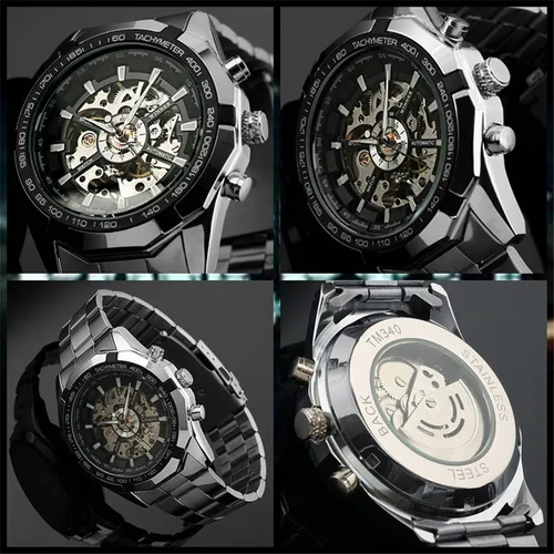 Vista 4 de MASTOP Big Dial Relojes de lujo para hombre Esqueleto Impermeable Luminoso Reloj Automático Plata, plateado, Japonés