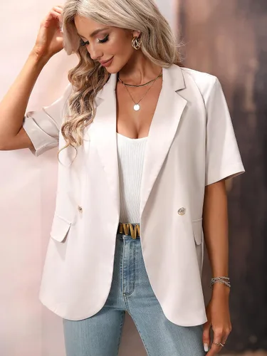 Vista 4 de SweatyRocks Blazer casual de manga corta con cuello de solapa para mujer, chaqueta de oficina con botones