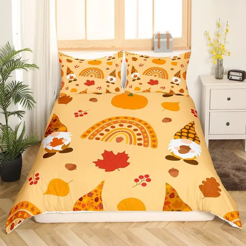 Vista 2 de Funda de edredón de calabaza de otoño, tamaño matrimonial, funda de edredón de arco iris de dibujos animados, hojas de arce arcoíris, juego de ropa