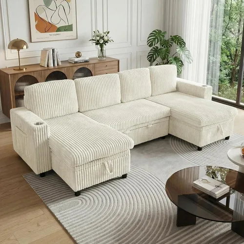 Vista 23 de Sofá cama modular de 103.5 pulgadas con cama extraíble, sofá de gran tamaño con almacenamiento, sofá modular para sala de estar, color beige Negro