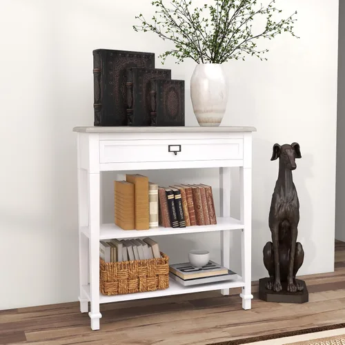 Vista 5 de kinbor Accent - Mesa consola blanca con cajón y estante, mesa de sofá de madera con almacenamiento para entrada, pasillo, sala de estar