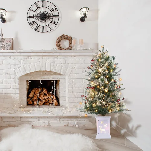 Vista 7 de Árbol de Navidad de 3 pies con base de reno, árbol de Navidad artificial esmerilado con 78 luces LED, caja de batería de 8 modos, decoraciones