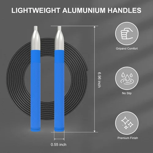 Vista 5 de Cuerda de saltar de velocidad para hombres y mujeres, cuerda de saltar de fitness con mango de aluminio y 2 cuerdas, diseño de autobloqueo, cuerda