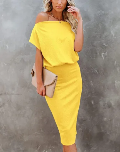 Vista 2 de Ezbelle Vestido por debajo de la rodilla, ajustado, para mujer, con hombro descubierto y manga corta, vestido acanalado informal y de fiesta