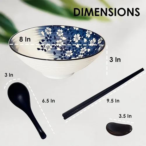 Vista 3 de Juego de cuencos de cerámica para ramen – 8 piezas – Tazones de ramen japonés grandes de 40 onzas, cucharas, palillos y soportes para palillos