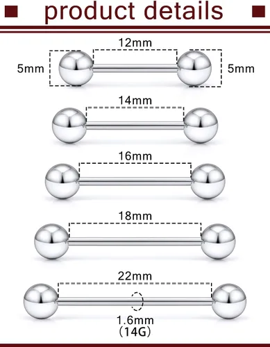 Vista 7 de Prjndjw Anillos de lengua de acero quirúrgico de 14G, anillos rectos para pezón, anillos de lengua para mujeres y hombres, longitud 0.472 in, 0.551