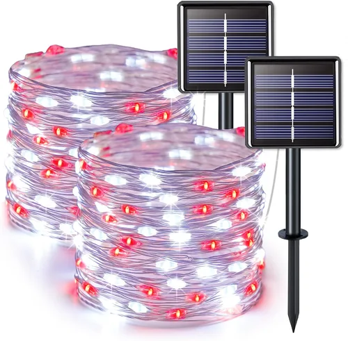 Vista 13 de JMEXSUSS Paquete de 2 luces solares de Navidad impermeables para exteriores, 100 LED de 33 pies, color blanco y multicolor, luces solares de hadas