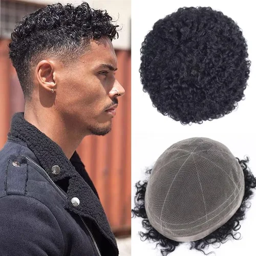 Vista 11 de HAPPY&CC Manejar cabello afro unidad negro hombres cabello humano toupee peluca francesa encaje pieza de pelo sistema de reemplazo para hombres #1