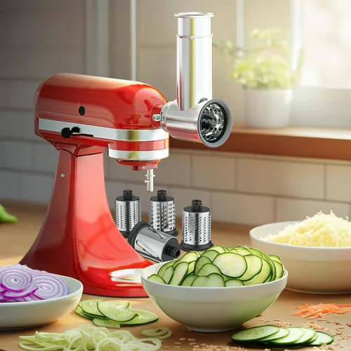 Vista 6 de Accesorio Rebanador Triturador de Acero Inoxidable para Batidora de Pie KitchenAid, Incluye Rallador de Queso, Polvo Molido, Rebanador Triturador