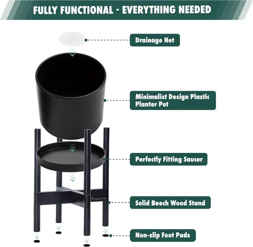 Vista 5 de Maceta de D'vine Dev con soporte - Maceta de flores de cilindro de plástico de 8.0 pulgadas con soporte de madera para interiores, maceta mate negra