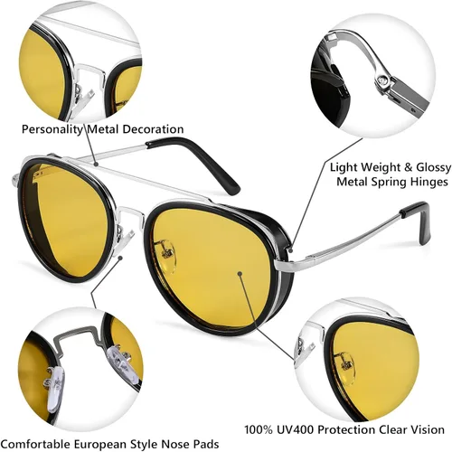 Vista 5 de FEISEDY Gafas de sol retro Steampunk estilo punk con doble puente para mujeres y hombres B2822