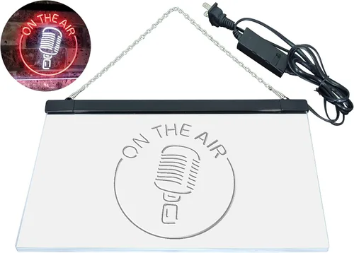 Vista 19 de ADVPRO - cartel de neón para estudio de grabación, LED, con micrófono y rótulo «On the air» azul y Red