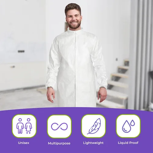 Vista 5 de AMZ Disposable Lab Coat, Medium. Pack of 10 White Disposable Lab Coats for Adults. 60 GSM Microporous Disposable Coats Medical PPE with Elastic