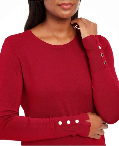 Vista 3 de JM COLLECTION Suéter de manga larga acanalado rojo con cuello redondo para mujer, talla PXL, Rojo