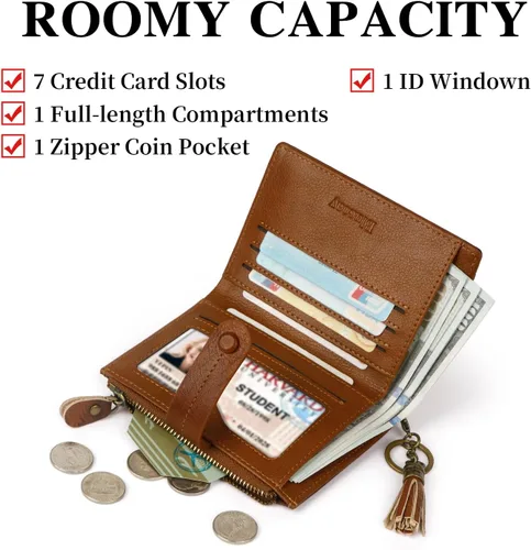 Vista 3 de Billetera de cuero para mujeres, billetera pequeña con bloqueo RFID para mujeres, billetera compacta de dos pliegues con tarjetero, ventana
