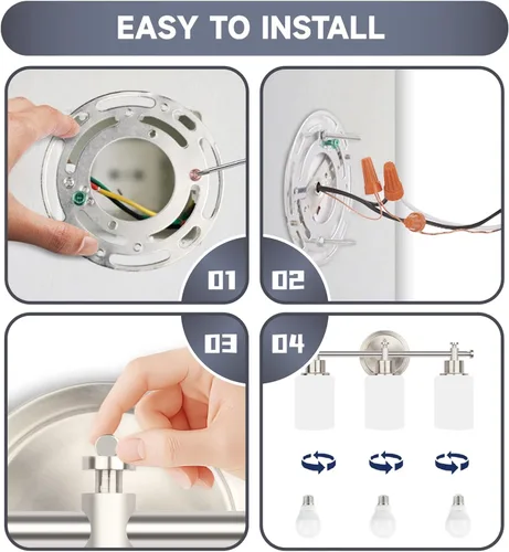 Vista 6 de Accesorio de lámpara de tocador de baño de 3 luces, lámpara compacta de níquel cepillado con pantallas de vidrio esmerilado blanco para espejo