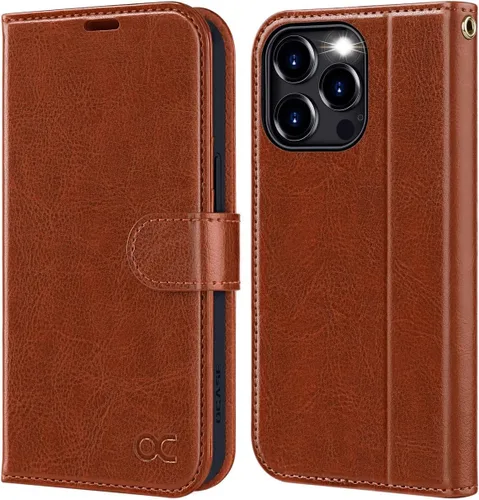 Vista 15 de OCASE Funda tipo cartera compatible con iPhone 15 Pro, de piel sintética, con tarjetero, bloqueo RFID, soporte para teléfono