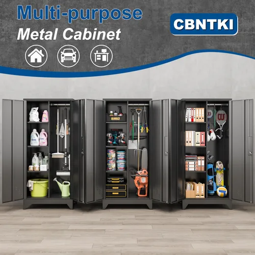Vista 5 de Armarios de almacenamiento de metal para garaje con cerradura, gabinete con tablero de clavijas y barra colgante, gabinetes de almacenamiento
