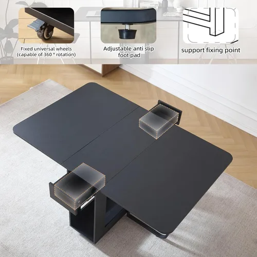 Vista 4 de Mesa de Comedor Plegable con Dos Cajones para 4/6 con Mesa de Hoja Abatible que Ahorra Espacio, Ruedas Bloqueables y Almacenamiento, Superficie
