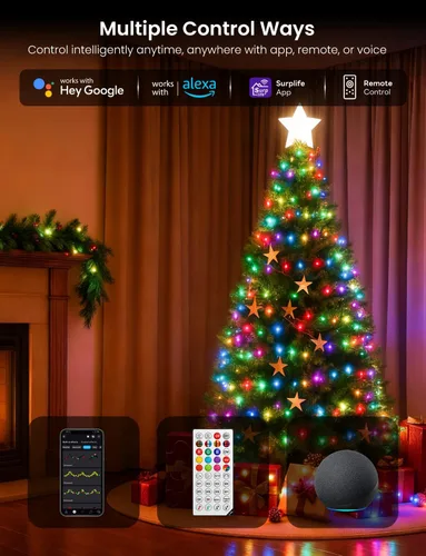 Vista 5 de Cadena de luces inteligentes RGB+IC con 200 LED, luces de Navidad para interiores que cambian de color, control por APP y control remoto, 84