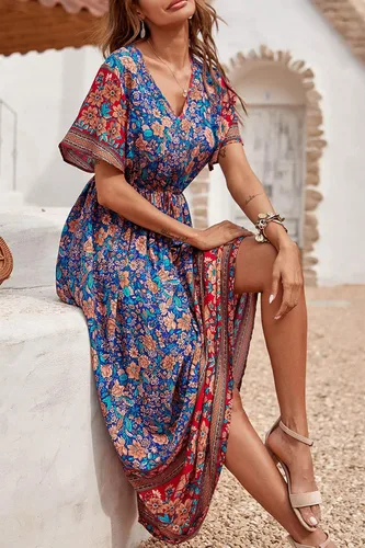 Vista 9 de PRETTYGARDEN - Vestido casual de playa y de verano para mujer, de estilo bohemio, manga corta, cuello en V y con estampado floral, vestidos largos
