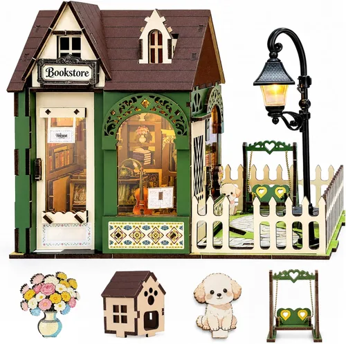 Vista 15 de Kit de rincón de libros, casa en miniatura con luces LED, rompecabezas de madera 3D para adultos, kit de construcción de mini casa de muñecas
