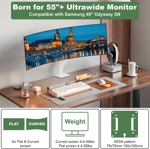 Vista 2 de UPGRAVITY Brazo de monitor blanco para pantallas de 17"-57" de hasta 55 libras, soporte de monitor ultra ancho de aluminio premium para Samsung 49