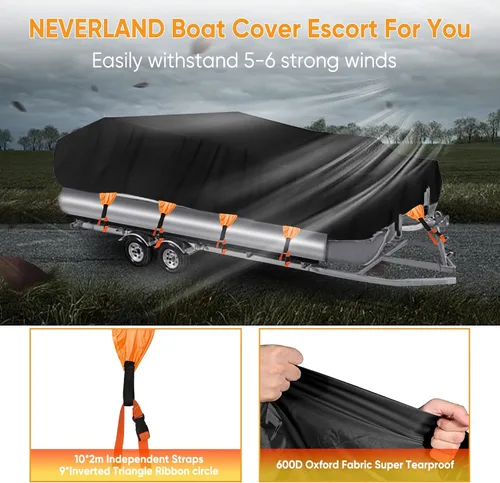Vista 5 de NEVERLAND Funda para Barco Impermeable de Alta Resistencia Funda para Lancha Pontón Lona de Poliéster de Grado Marino Cubierta Remolcable Se Adapta