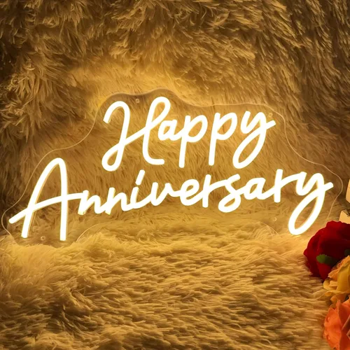 Vista 6 de Cartel grande de feliz aniversario con luces LED de neón para decoración de pared de 23 x 11 pulgadas, para esposa, marido, padres, boda, feliz