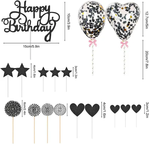 Vista 2 de Daimay Decoración de pastel de cumpleaños negra con purpurina acrílica para decoración de pastel de cumpleaños número 14 con globos de confeti