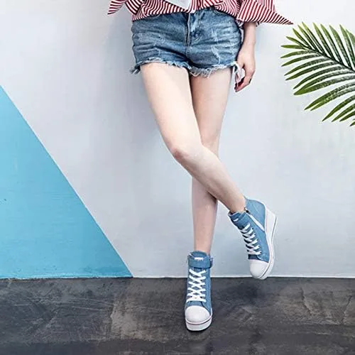 Vista 9 de Zapatos deportivos de tacón alto para mujer, zapatos de lona de moda de tubo alto, con cordones, borde de cuña, cremallera, ángulo, talla 4-11