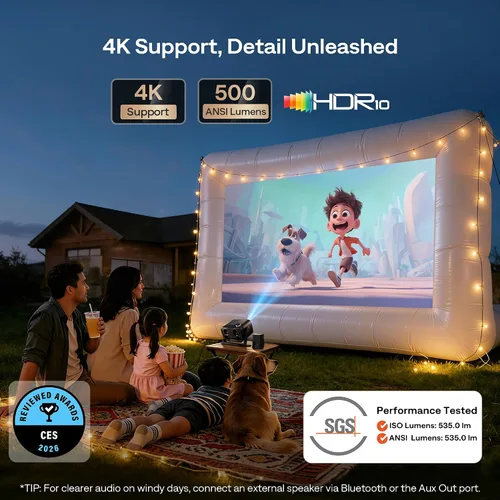 Vista 4 de Aurzen BOOM Mini Google TV Proyector inteligente para exteriores con audio Negro