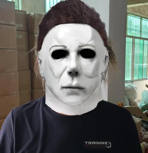Vista 2 de Máscara de Halloween de látex de cabeza completa, disfraz de cara de película de terror, máscara original con cabello