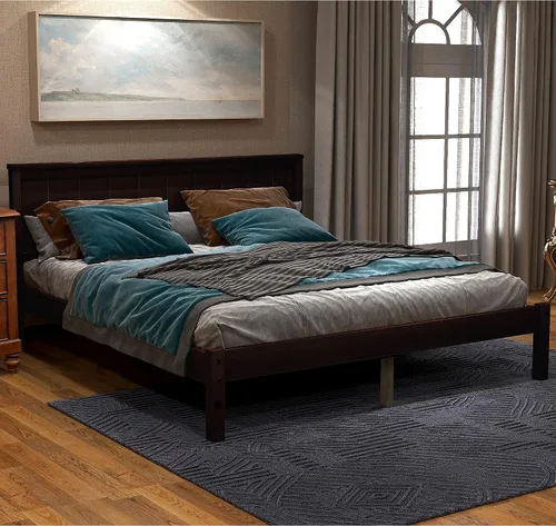 Vista 10 de Cama de plataforma de madera, base de cama de plataforma de madera con cabecera y soporte de listones de madera, no necesita somier, cama de Espresso