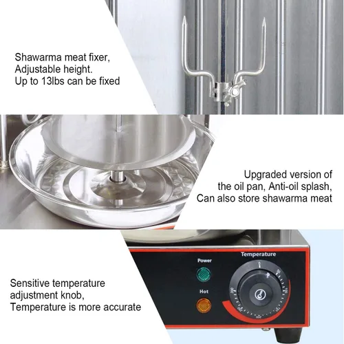Vista 3 de Li Bai Shawarma - Parrilla vertical eléctrica para kebab, horno asador de giroscopio, asador de carne con 2 tubos de calefacción, cuerpo de acero