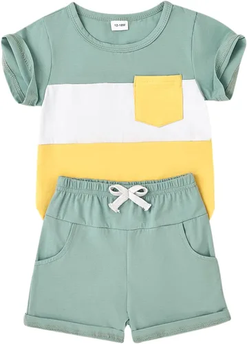 Vista 47 de Ropa para bebé niño pequeño, trajes de verano de manga corta, camiseta de retazos y pantalón con bolsillo, conjunto de 2 piezas, 12 meses a 4 años