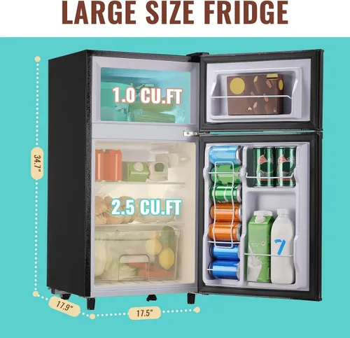 Vista 2 de WANAI Refrigerador pequeño con congelador de 3.5 pies cúbicos, mini refrigerador con congelador en la parte superior, doble puerta, pequeño Negro