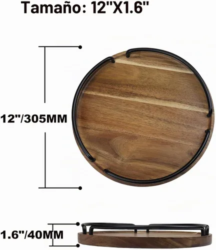 Vista 2 de Bandeja redonda de madera para servir, bandeja decorativa de estilo rústico para mesa de café, sala de estar, tocador, bandeja de madera de acacia
