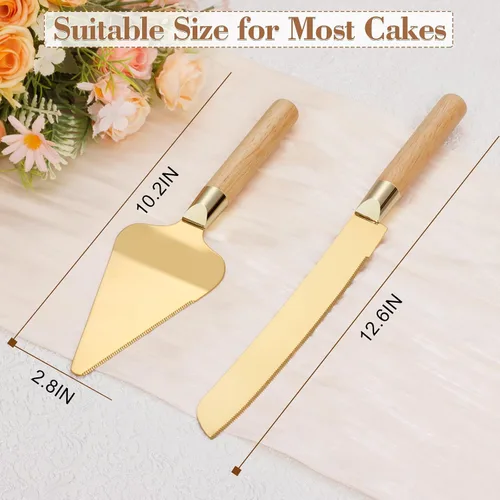 Vista 6 de Juego de corte de pastel dorado para boda, juego de cuchillo de pastel de madera y servidor, juego de corte de pastel rústico de 2 piezas, cubiertos