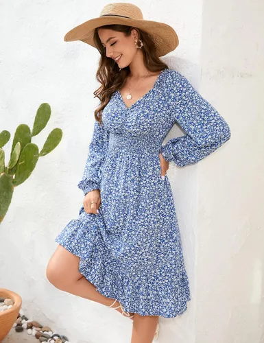 Vista 3 de KOJOOIN Vestido midi de manga abombada con cintura fruncida y estampado floral para mujer, vestido acampanado con dobladillo con volantes