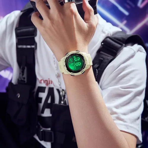 Vista 4 de Reloj deportivo digital rojo para hombre, reloj para hombre, táctico, militar, 5ATM, resistente al agua, para hombre, con luz LED, alarma, fecha