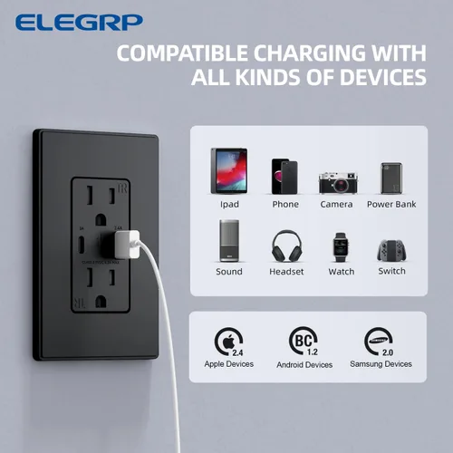 Vista 3 de ELEGRP Cargador USB de pared, receptáculo USB con puertos USB tipo A y tipo C, enchufe dúplex de 15 amperios resistente a manipulaciones NEMA 5-15R