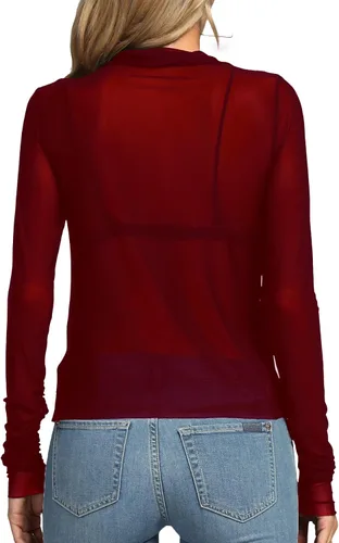 Vista 2 de Rooscier Blusa sexy de malla transparente para mujer, cuello alto falso, manga larga, ajustada