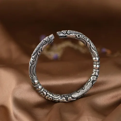 Vista 5 de Viking - Pulsera de dragón de doble cabeza Pulsera ajustable de plata vintage, joyería perfecta para hombre, Plata, plateado