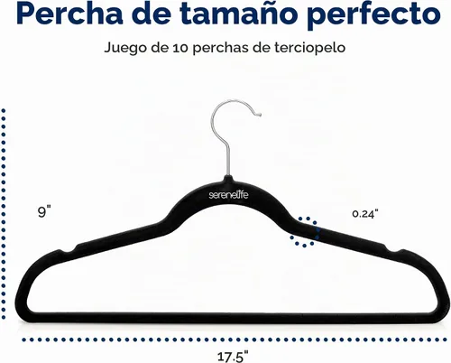 Vista 2 de SereneLife Paquete de 10 Perchas para Ropa de Terciopelo – Perchas Antideslizantes para Ropa con Diseño de Servicio Pesado, Perchas Delgadas que