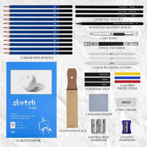 Vista 3 de Vobou Juego de 33 suministros de arte, lápices de dibujo de colores, kit de arte, lápices de grafito con estuche portátil, suministros de arte